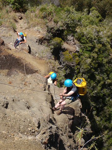 The 'via ferrata' return ascent from the Fleurs Jaunes canyon in La Reunion.