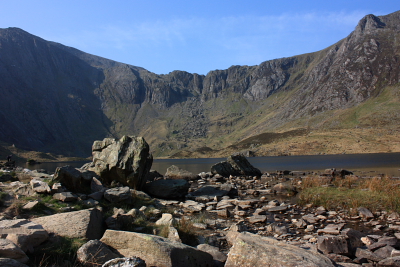 Looking across Llyn Idwal toward the Devil's Kitchen ascent route for Glyder Fawr