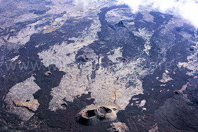 An unusual aerial view of the lava flows in the caldera of the Enclos Foucque, Piton de la Fournaise, Ile de la Reunion, September 2009